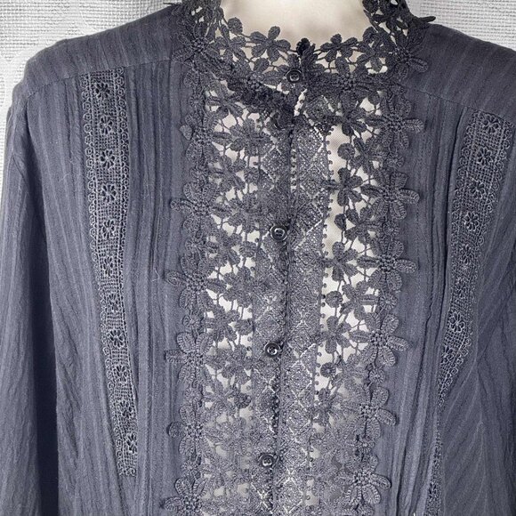 Nenona Black Lace Trim Blouse – Sheer Floral Cutout, Pintuck Detail, Size XL - Picture 2 of 7